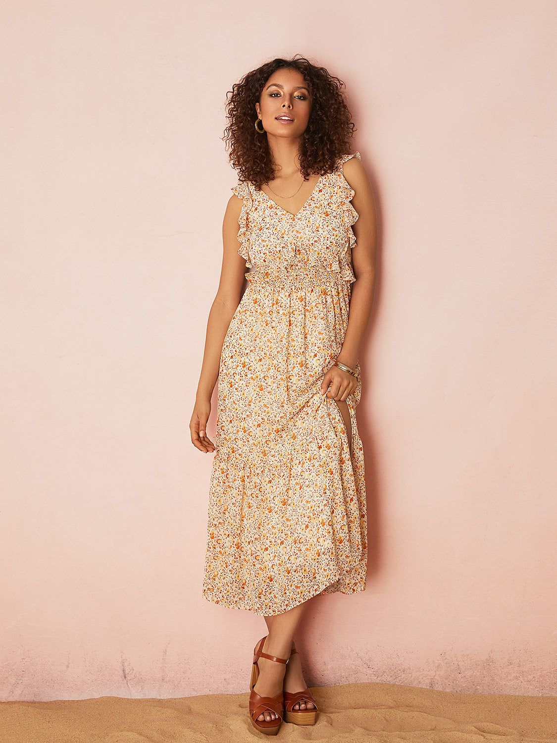 Printed Chiffon Open Back Dress With Ruffle Details sold by Suzy Shier