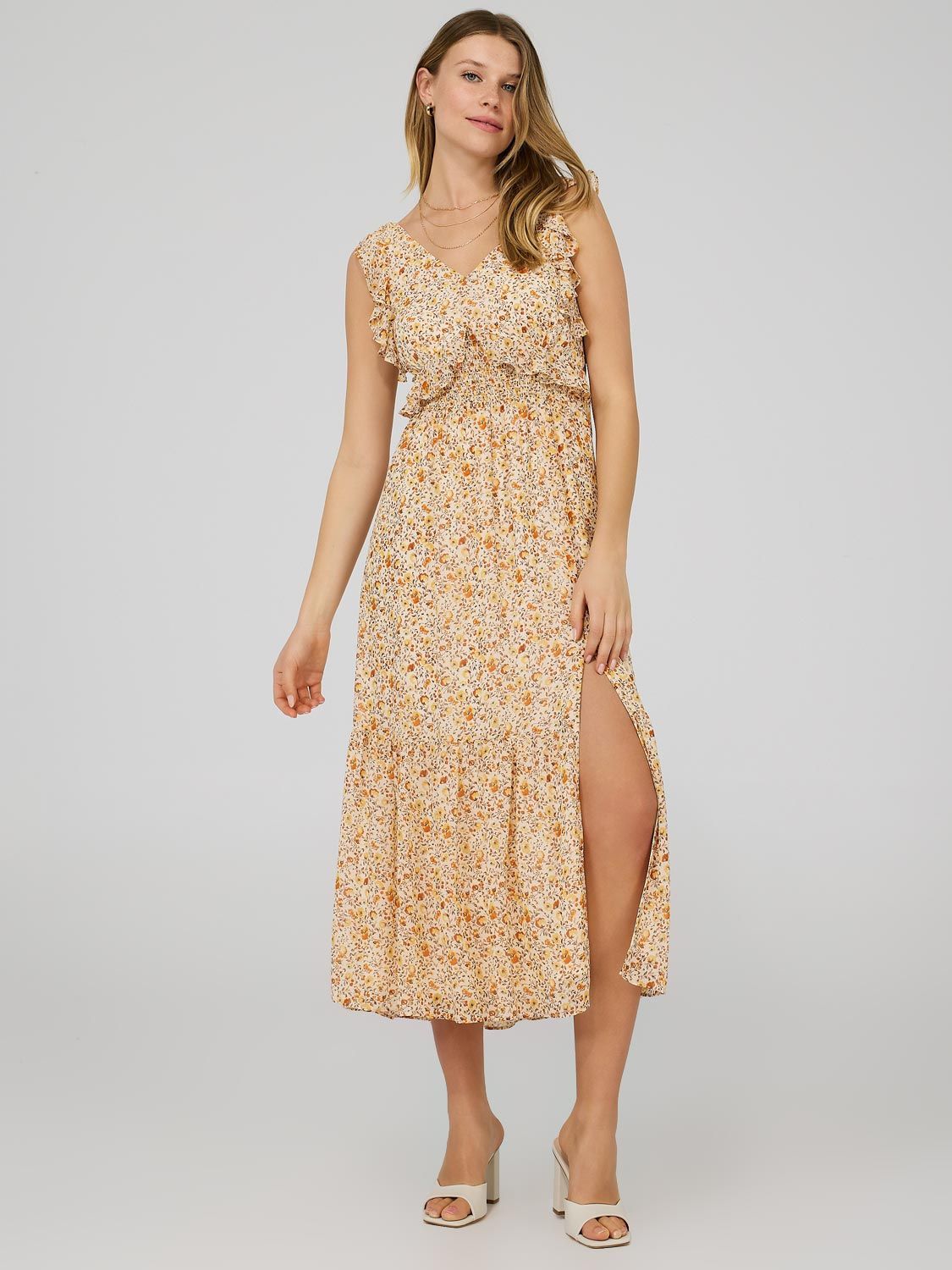 Printed Chiffon Open Back Dress With Ruffle Details sold by Suzy Shier product image thumbnail 2