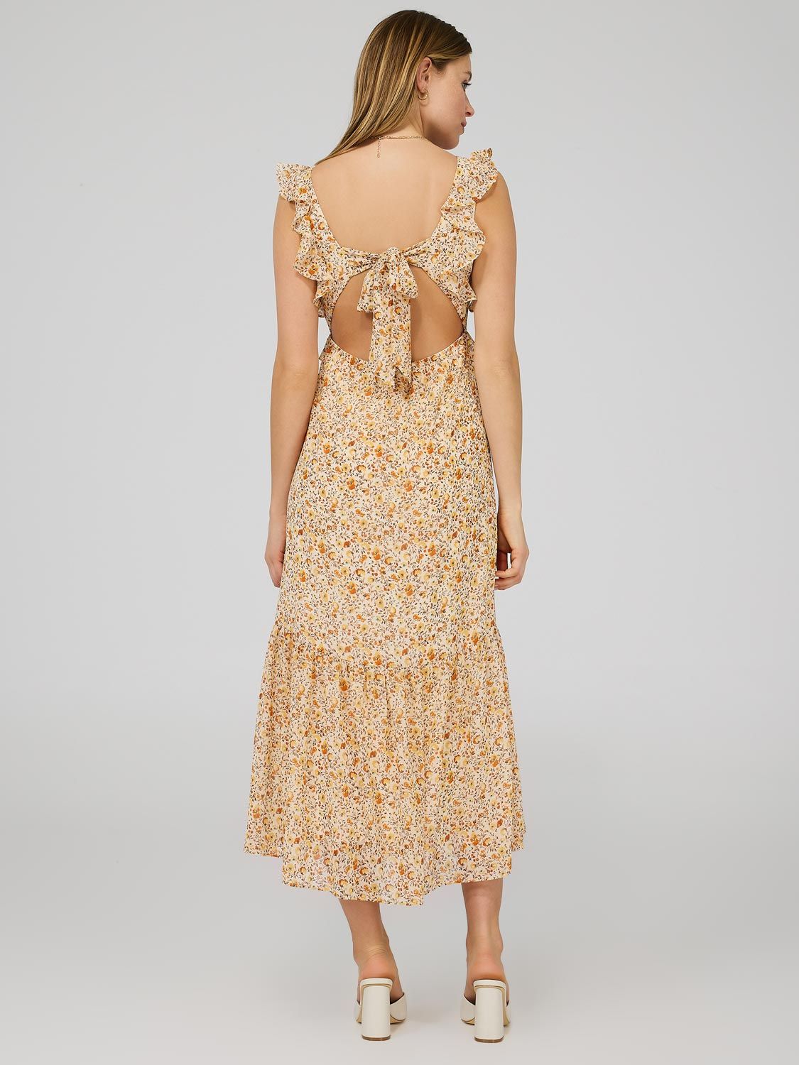 Printed Chiffon Open Back Dress With Ruffle Details sold by Suzy Shier product image thumbnail 5