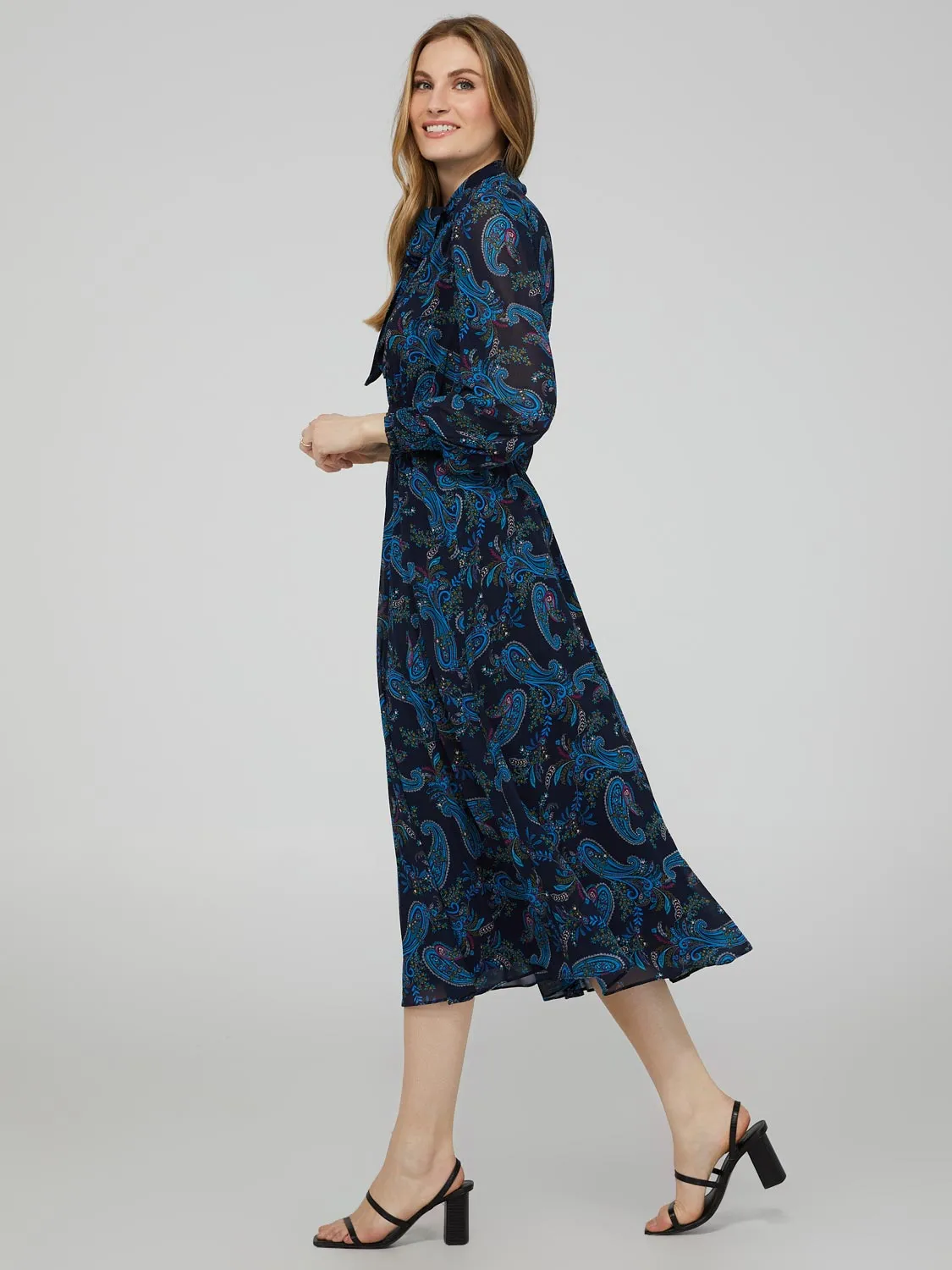 Paisley Print Smocked Waist Midi Dress With Neck Tie sold by Suzy Shier product image thumbnail 4