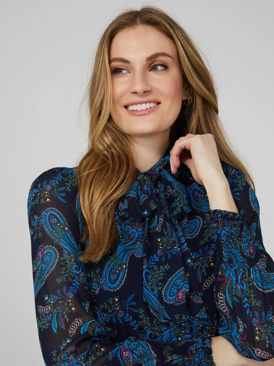 Paisley Print Smocked Waist Midi Dress With Neck Tie sold by Suzy Shier product image thumbnail 3