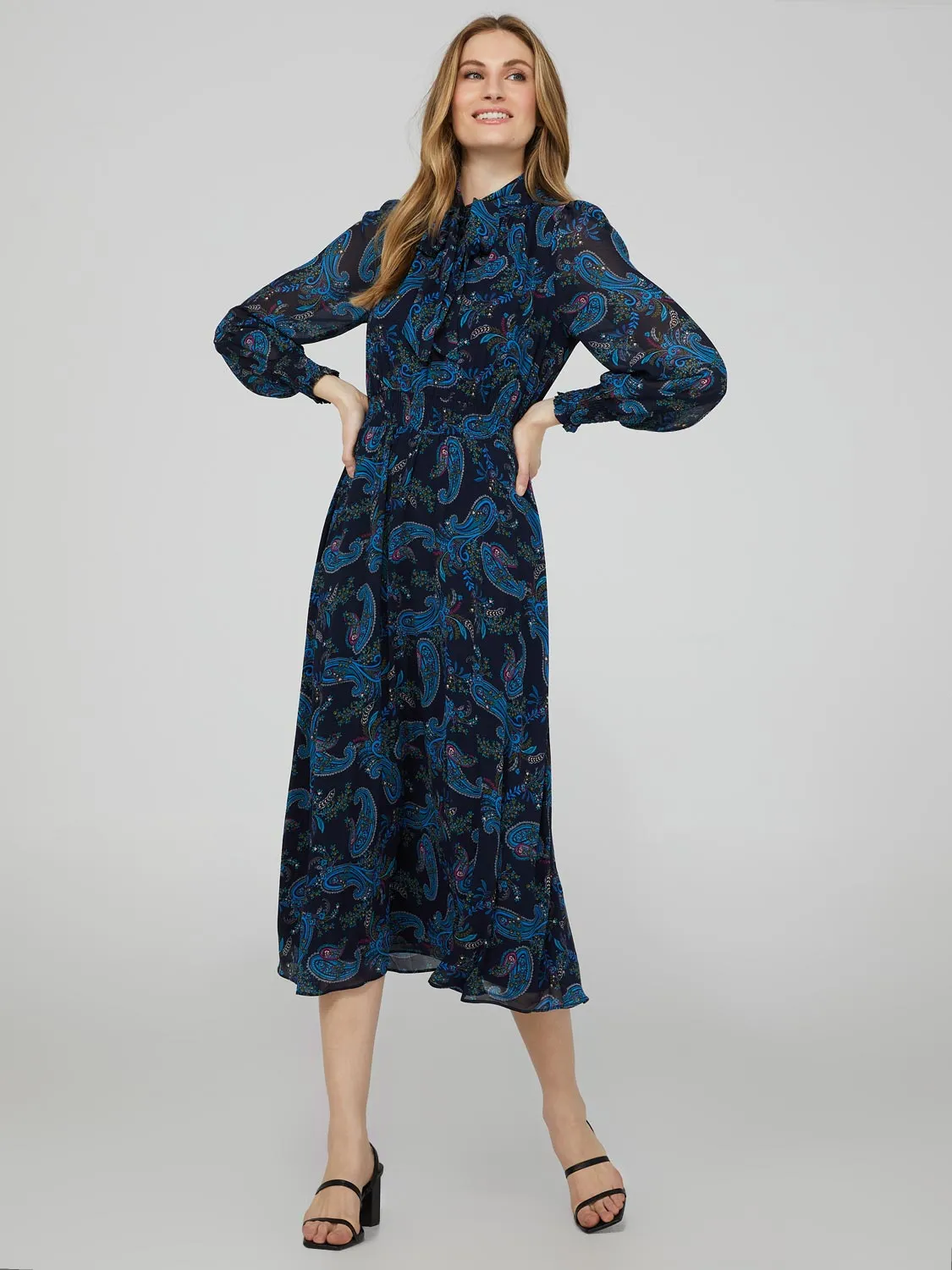 Paisley Print Smocked Waist Midi Dress With Neck Tie sold by Suzy Shier product image thumbnail 2