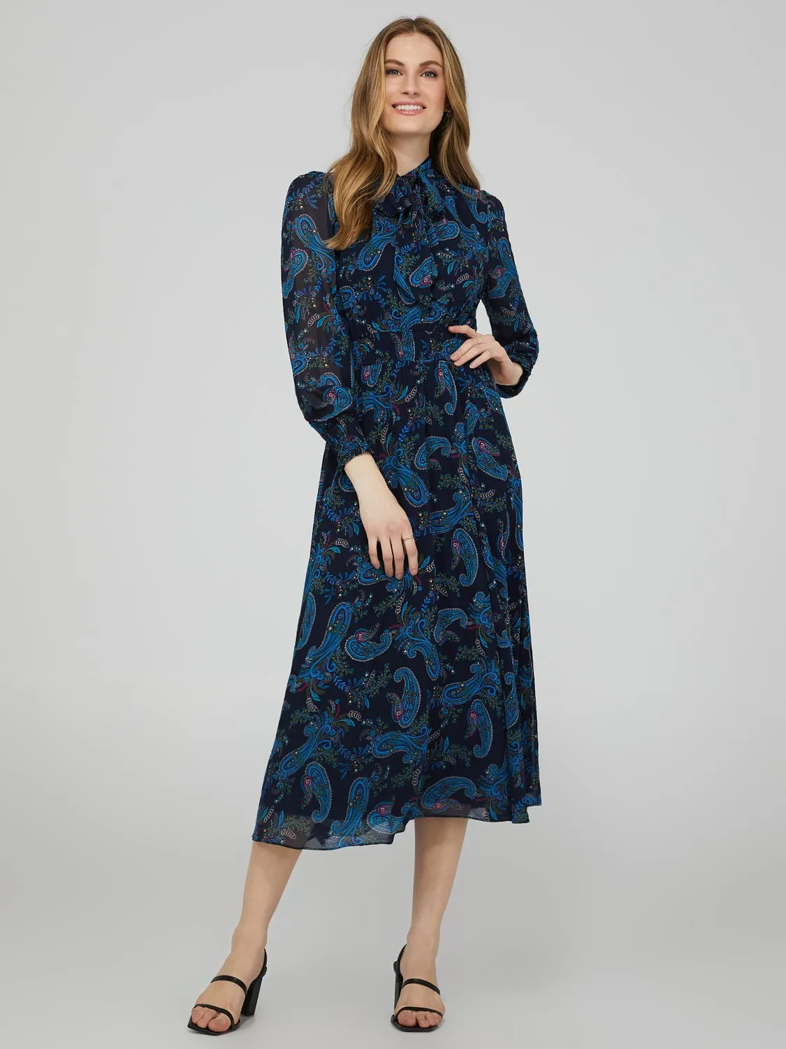 Paisley Print Smocked Waist Midi Dress With Neck Tie sold by Suzy Shier