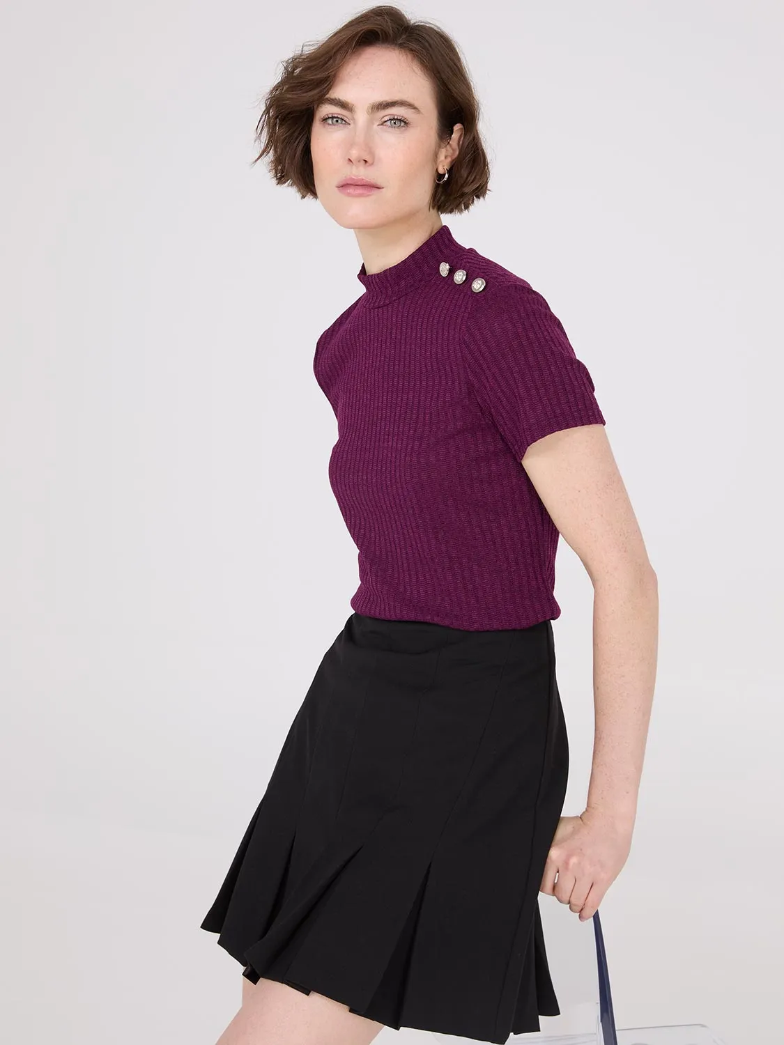 Ribbed Mock Neck Top With Button Details sold by Suzy Shier product image thumbnail 5