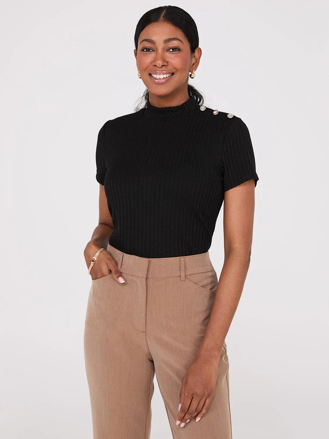 Ribbed Mock Neck Top With Button Details sold by Suzy Shier