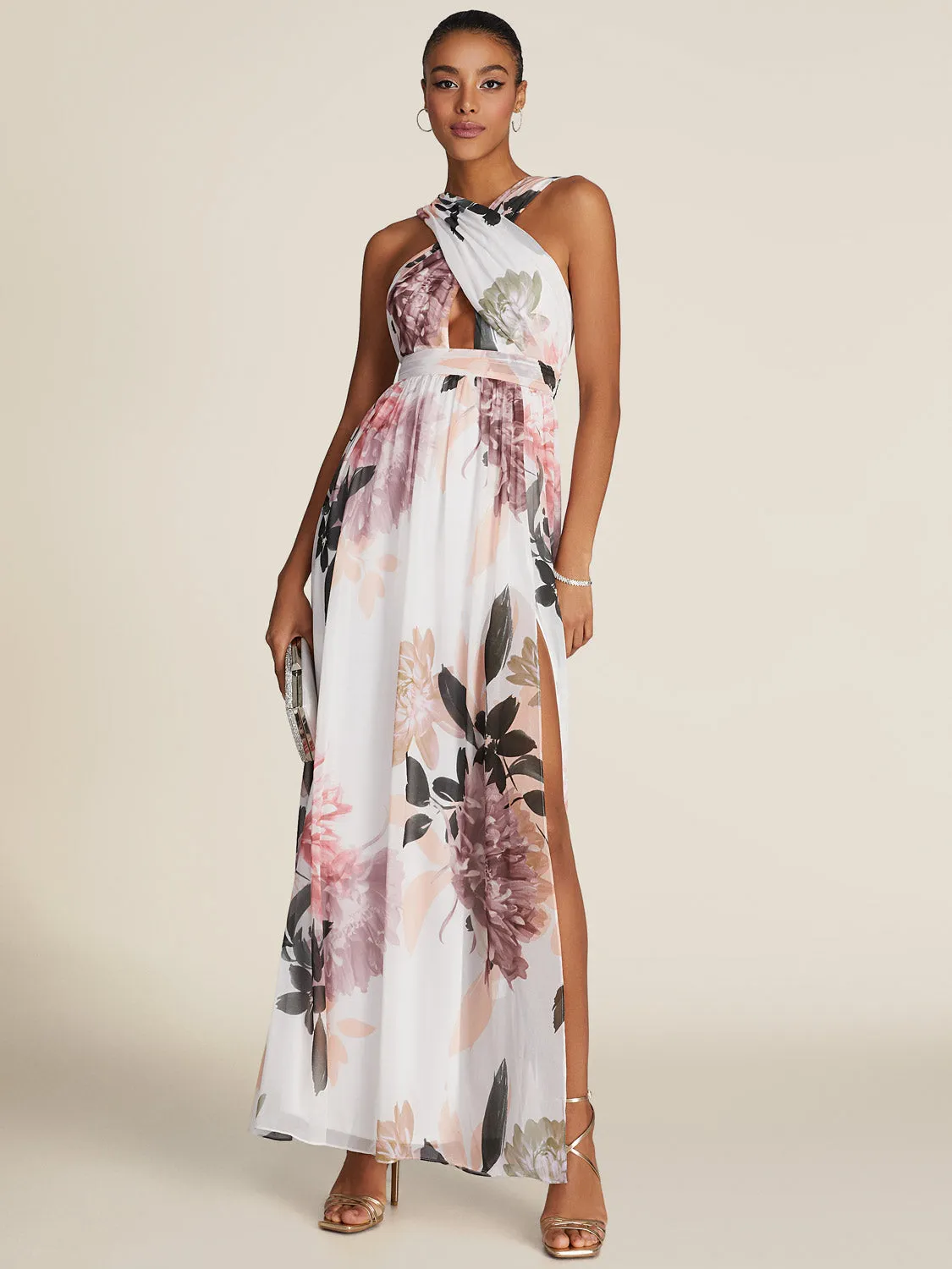 Printed Crossover Chiffon Gown With Front Cutout sold by Suzy Shier product image thumbnail 4