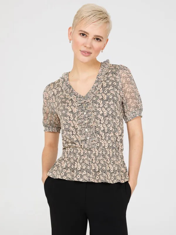 Printed Textured V-Neck Top With Smocked Bottom Band sold by Suzy Shier