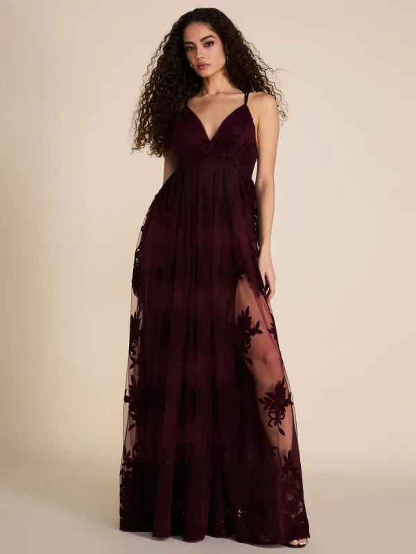 Plunging V-Neck Burnout Gown With Open Back sold by Suzy Shier
