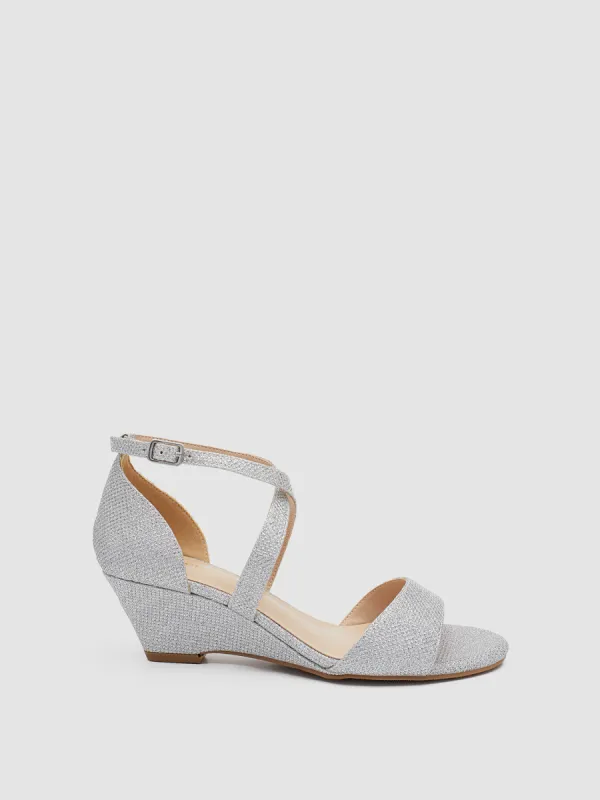 Open Toe Criss Cross Glitter Mesh Wedge Sandal sold by Suzy Shier