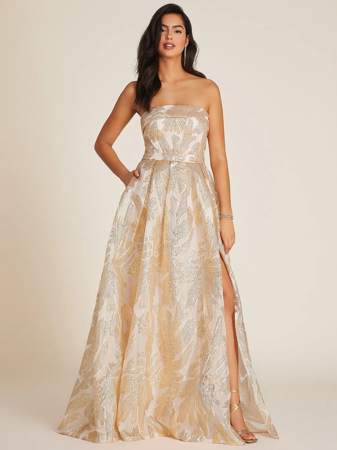 Strapless Jacquard Gown With Pleated Waist sold by Suzy Shier