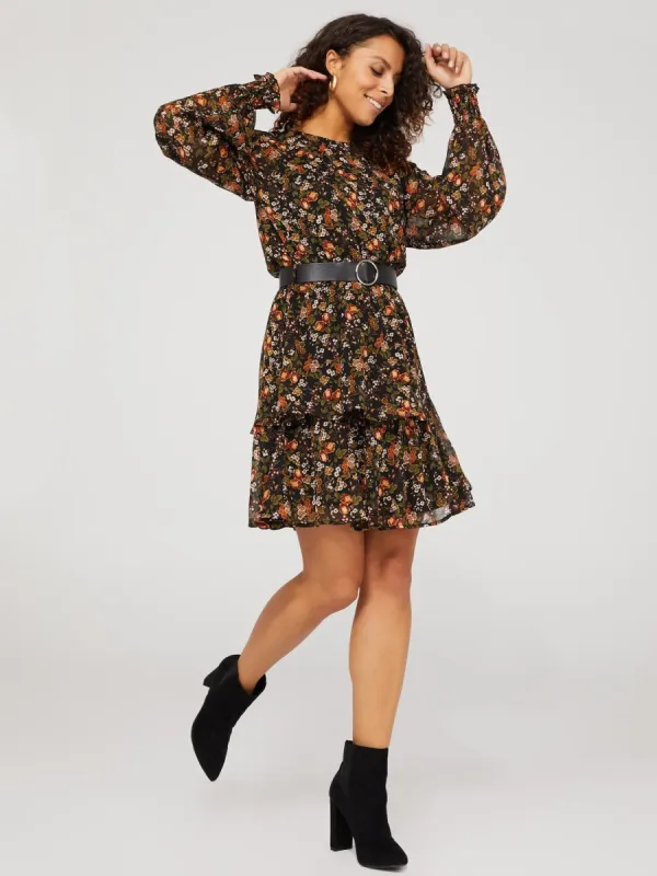 Floral Print Belted Mini Dress With Ruffle Skirt sold by Suzy Shier