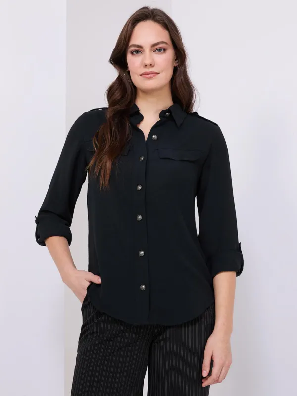 Utility Pocket Button-Front Blouse sold by Suzy Shier