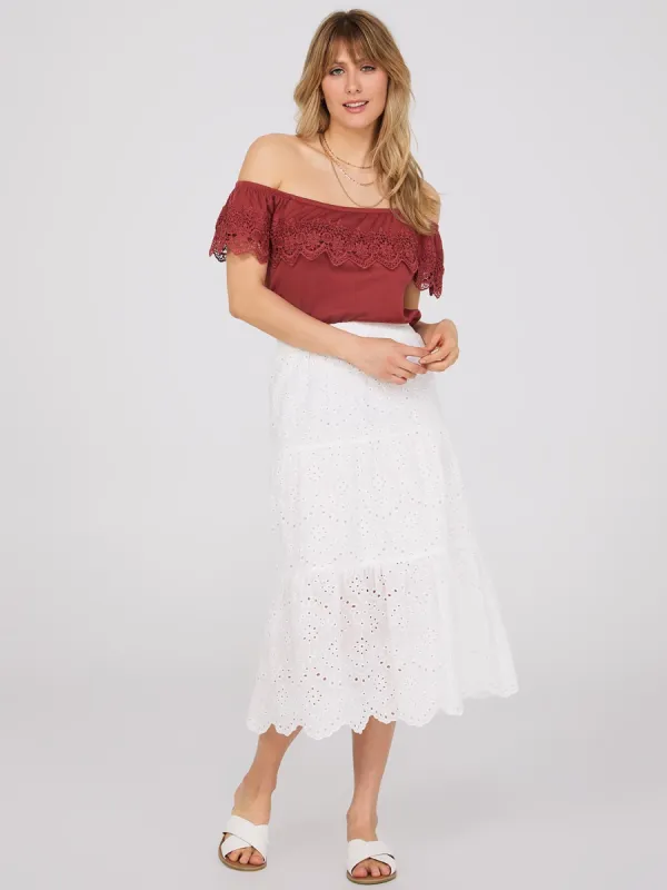 Eyelet Tiered Midi Skirt With Scalloped Hem sold by Suzy Shier