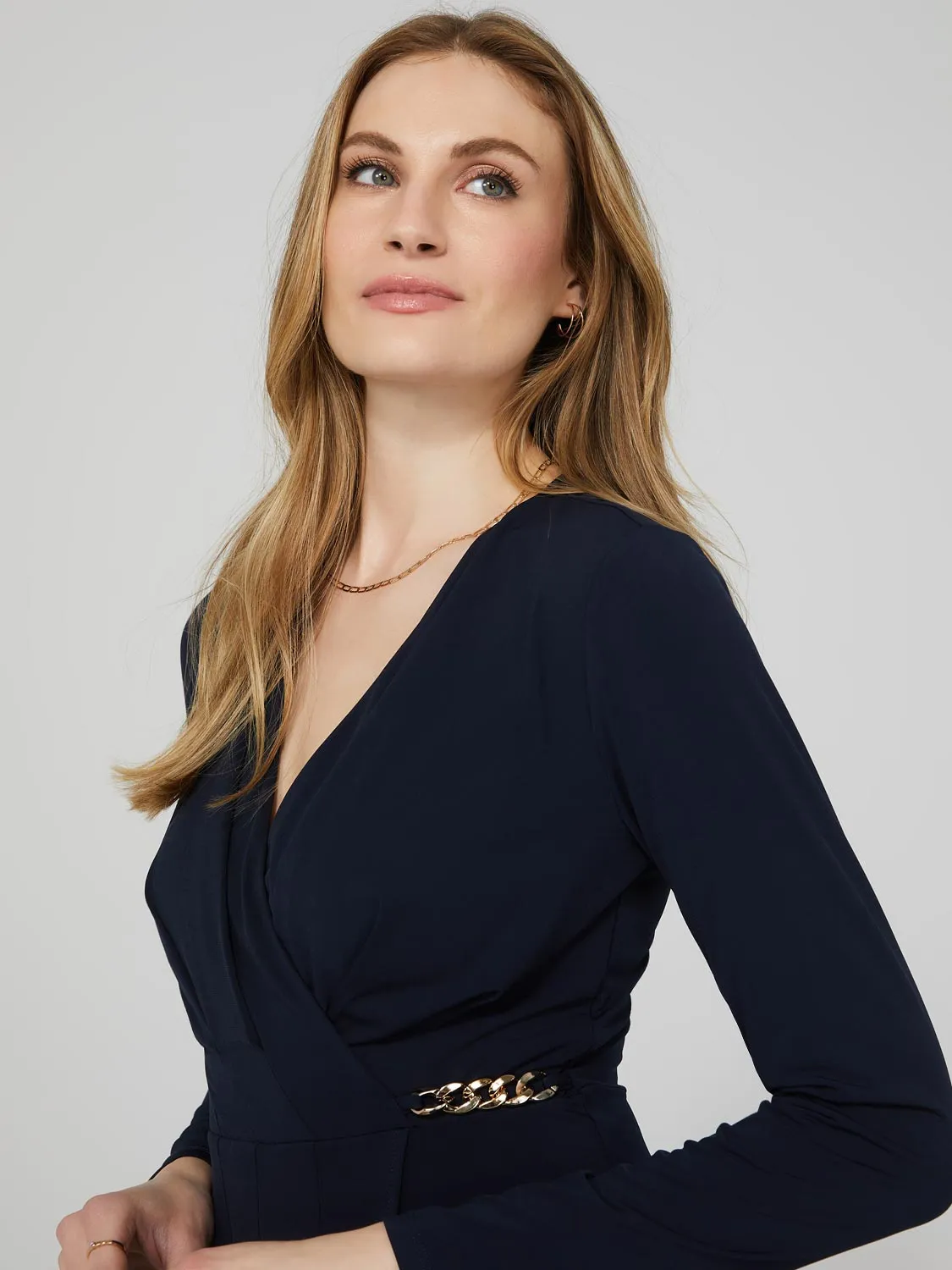 Crossover Wrap Dress With Chain Detail At Waist sold by Suzy Shier product image thumbnail 3