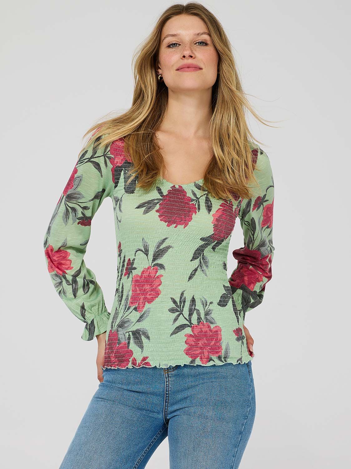 Printed Smocked V-Neck Top sold by Suzy Shier product image thumbnail 4