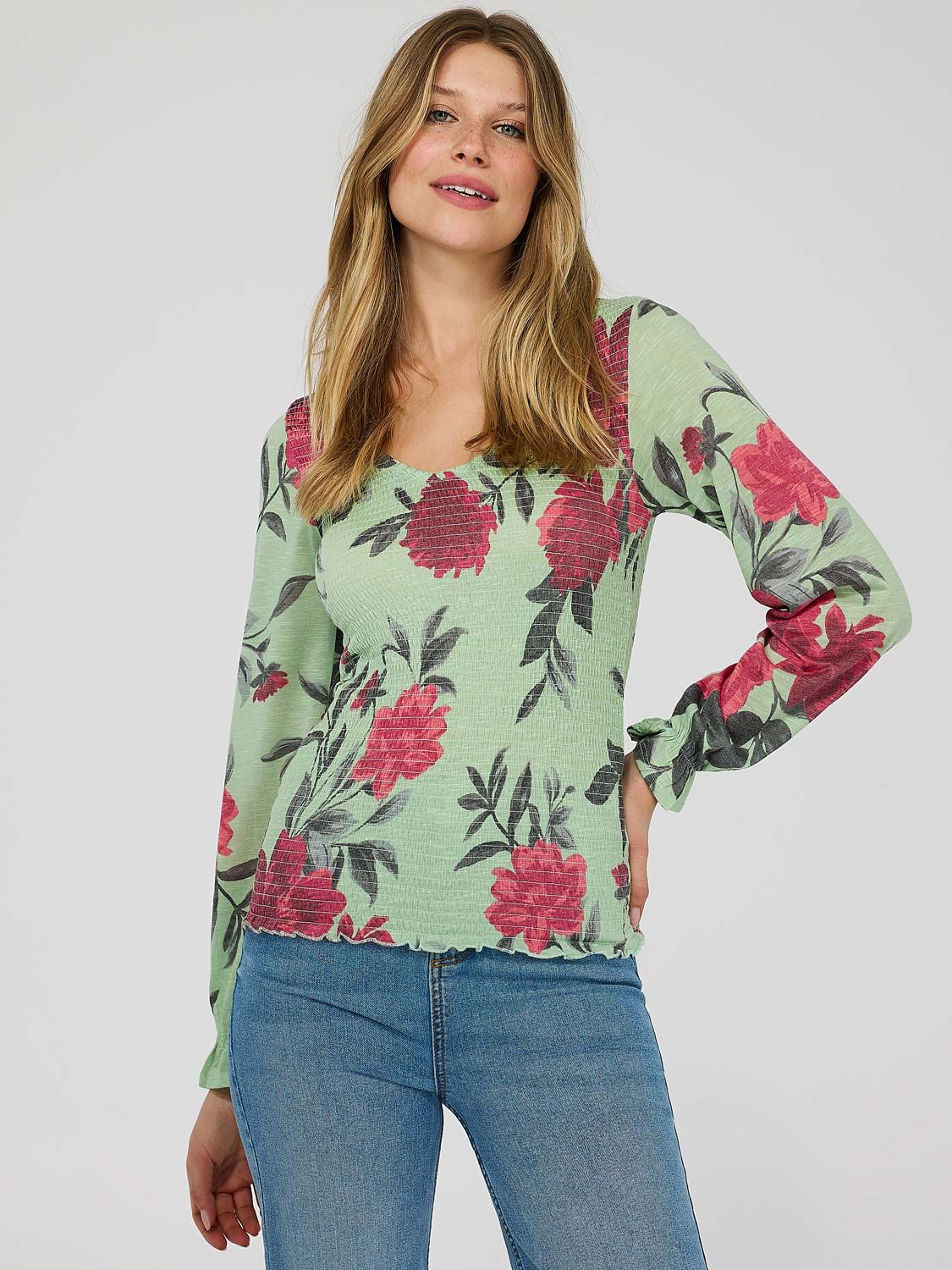 Printed Smocked V-Neck Top sold by Suzy Shier