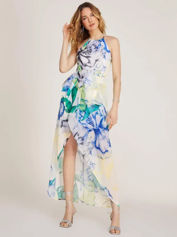 Printed Halter Top High-Low Chiffon Dress With Ruffles sold by Suzy Shier