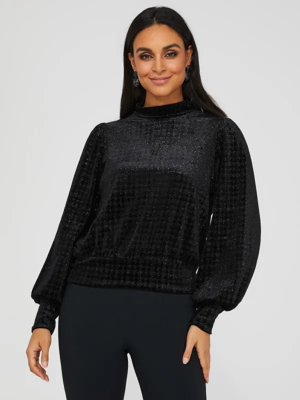 Velvet Glitter Houndstooth Mock Neck Top sold by Suzy Shier