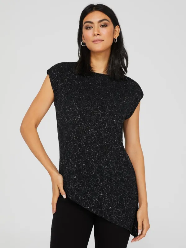 Glitter Swirl Sleeveless Top With Asymmetrical Hem sold by Suzy Shier