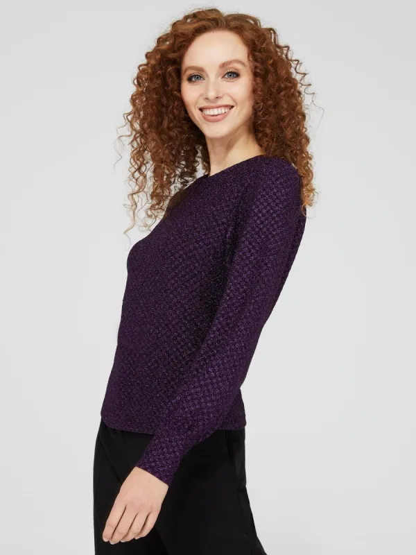 Textured Glitter Crew Neck Top With Bubble Sleeves sold by Suzy Shier