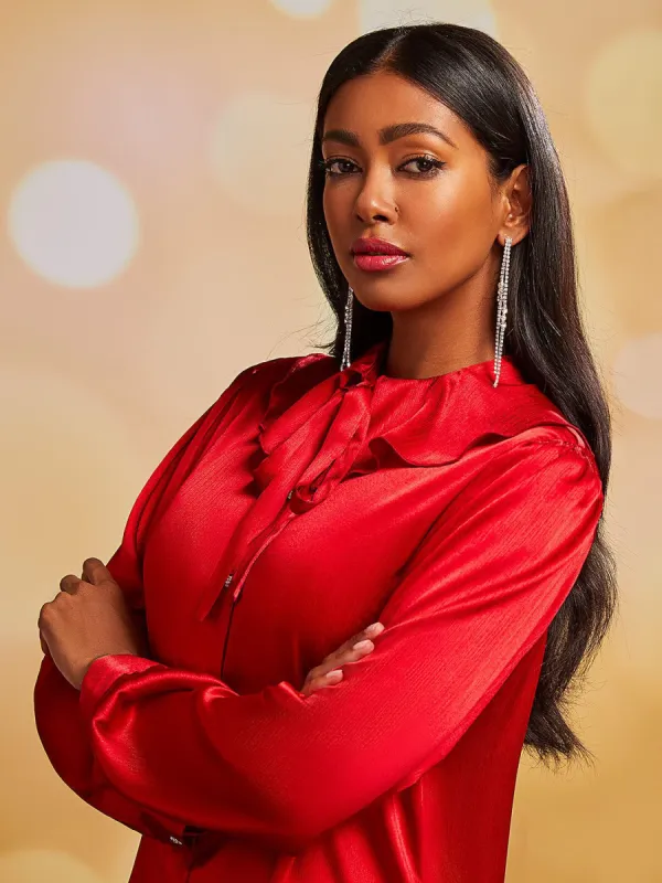 Crinkle Button-Front Blouse With Flounce Collar sold by Suzy Shier