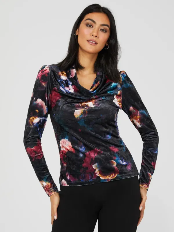 Crushed Velvet Floral Print Cowl Neck Top sold by Suzy Shier