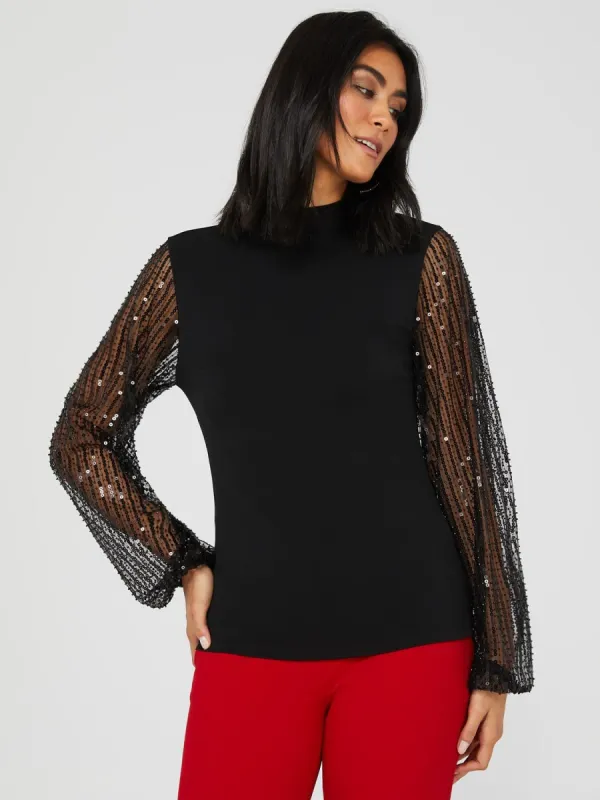 Crepe Mock Neck Top With Sequin Mesh Sleeves sold by Suzy Shier