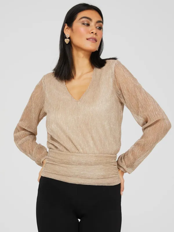 Foil Print Mesh V-Neck Top sold by Suzy Shier