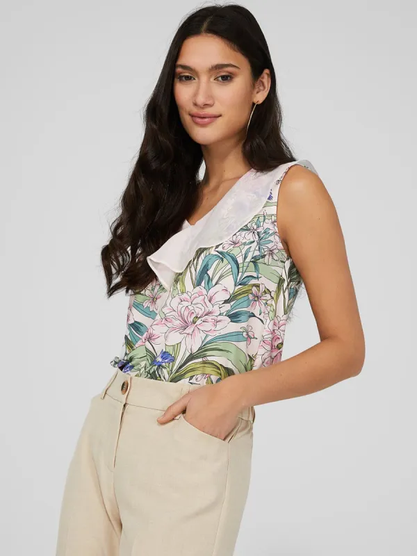 Printed Front Ruffle V-Neck Top sold by Suzy Shier