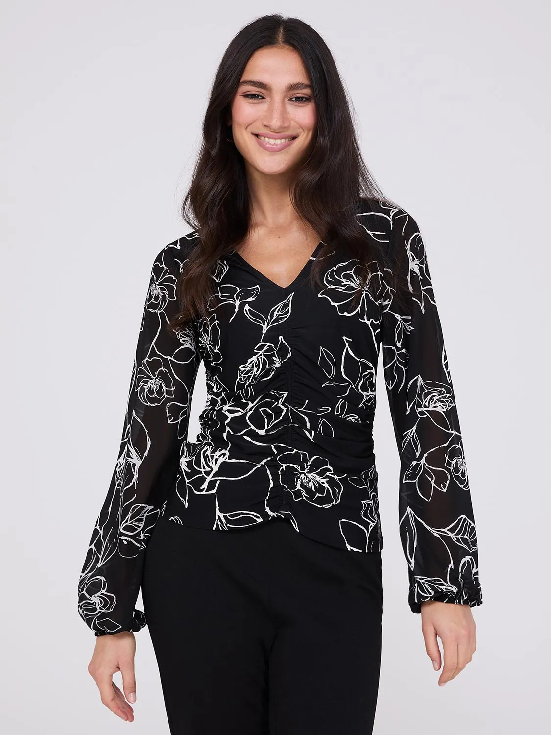 Floral Print Chiffon Ruched Top sold by Suzy Shier