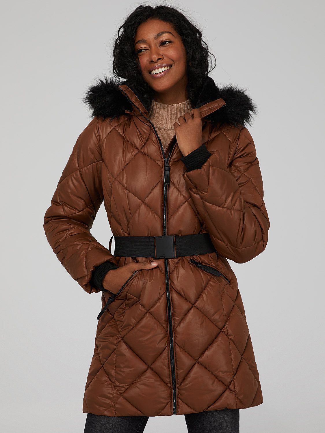 Diamond Quilted Fur Trimmed Puffer Coat sold by Suzy Shier product image thumbnail 6