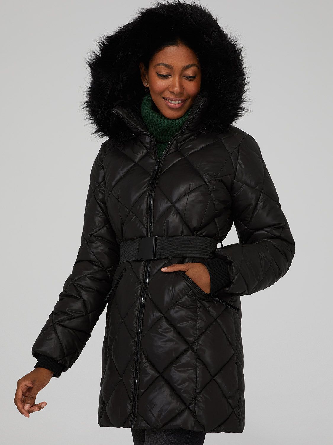 Diamond Quilted Fur Trimmed Puffer Coat sold by Suzy Shier product image thumbnail 3