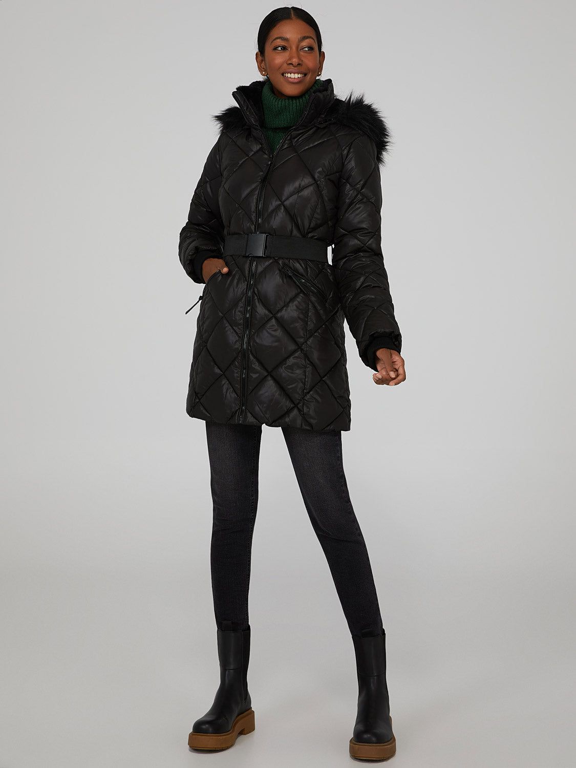 Diamond Quilted Fur Trimmed Puffer Coat sold by Suzy Shier