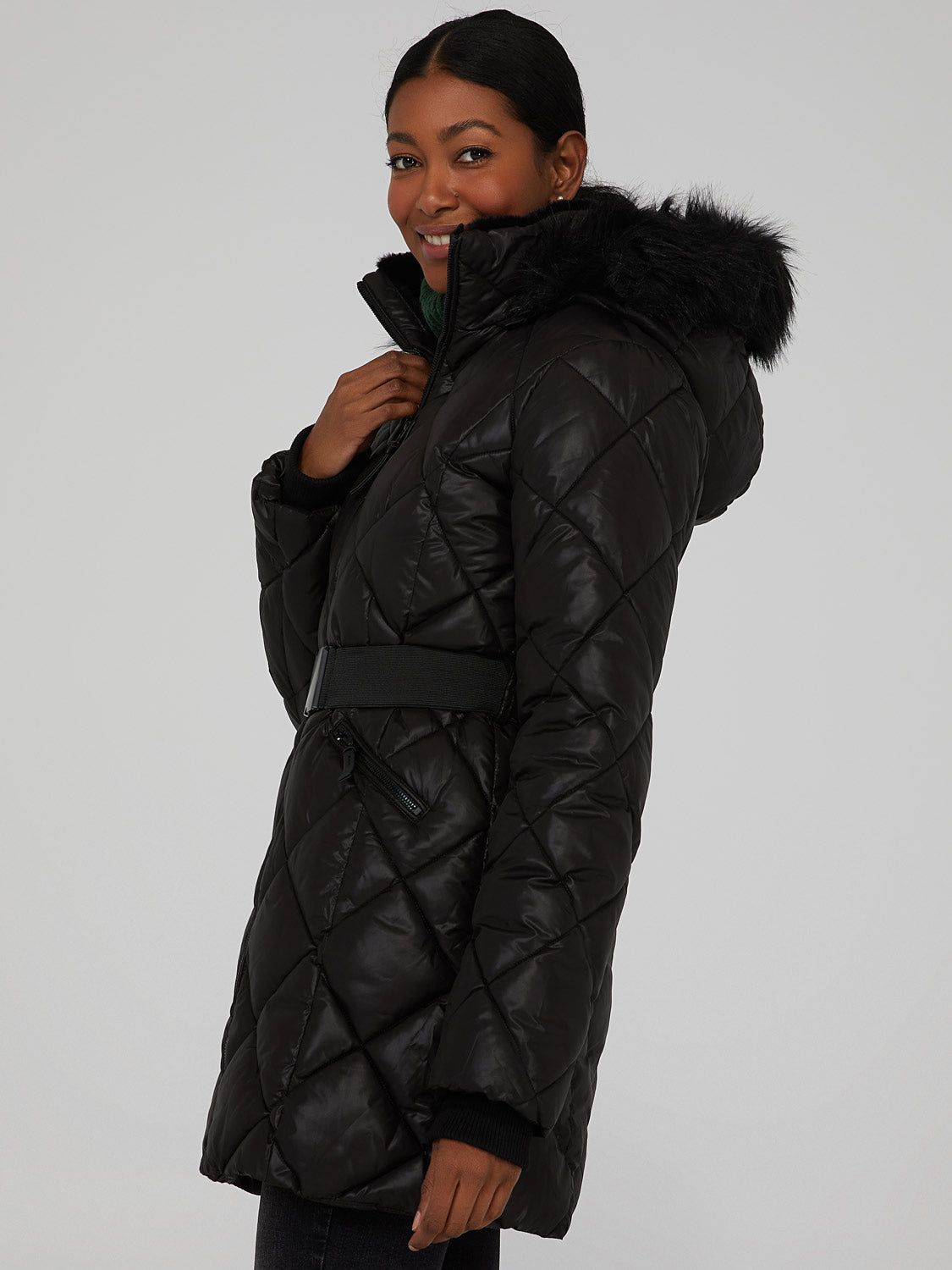 Diamond Quilted Fur Trimmed Puffer Coat sold by Suzy Shier product image thumbnail 2