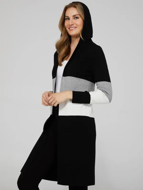 Ribbed Stripe Colourblock Open Duster With Hood sold by Suzy Shier