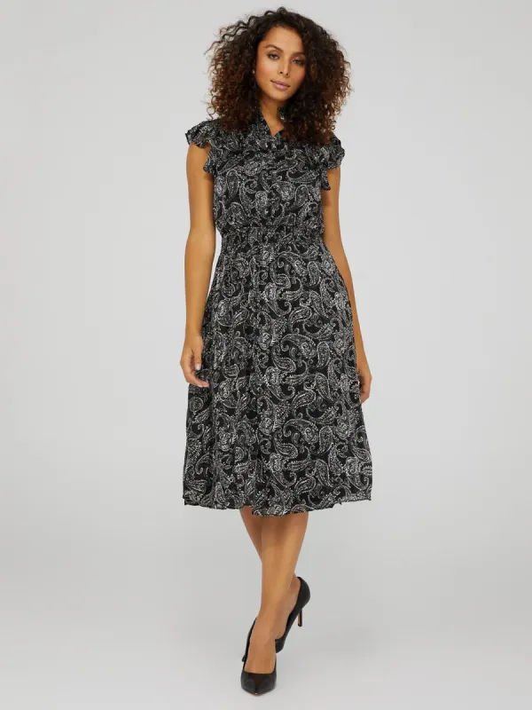 Paisley Print Smocked Midi Dress With Flutter Shoulder sold by Suzy Shier