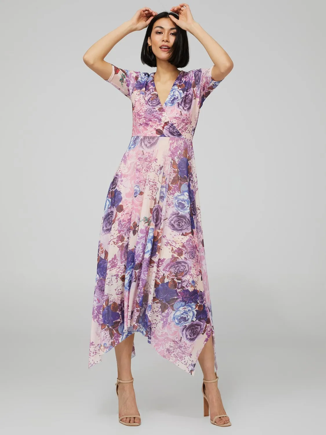 Printed Mesh Midi Dress With Handkerchief Hem sold by Suzy Shier product image thumbnail 3
