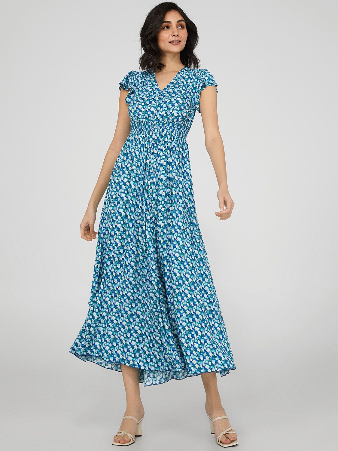 Floral Print Button-Front Maxi Dress With Smocked Waist sold by Suzy Shier product image thumbnail 4