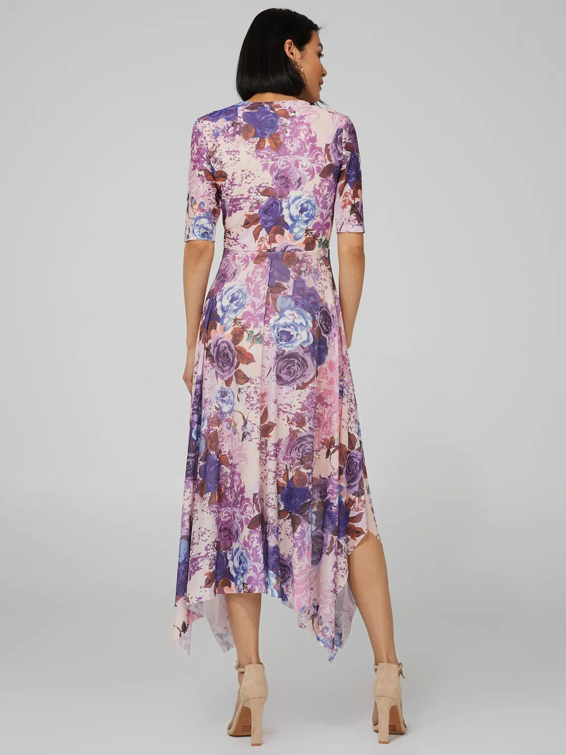 Printed Mesh Midi Dress With Handkerchief Hem sold by Suzy Shier product image thumbnail 5