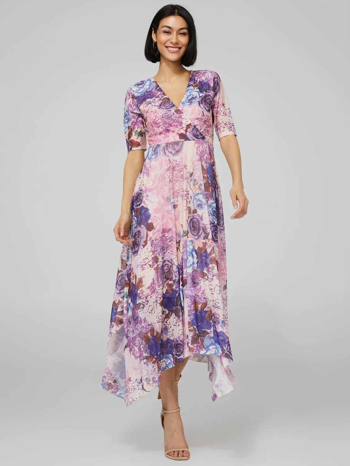 Printed Mesh Midi Dress With Handkerchief Hem sold by Suzy Shier product image thumbnail 2