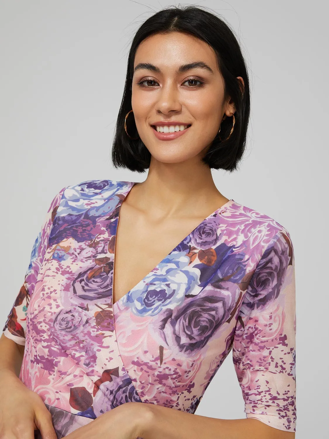 Printed Mesh Midi Dress With Handkerchief Hem sold by Suzy Shier product image thumbnail 4