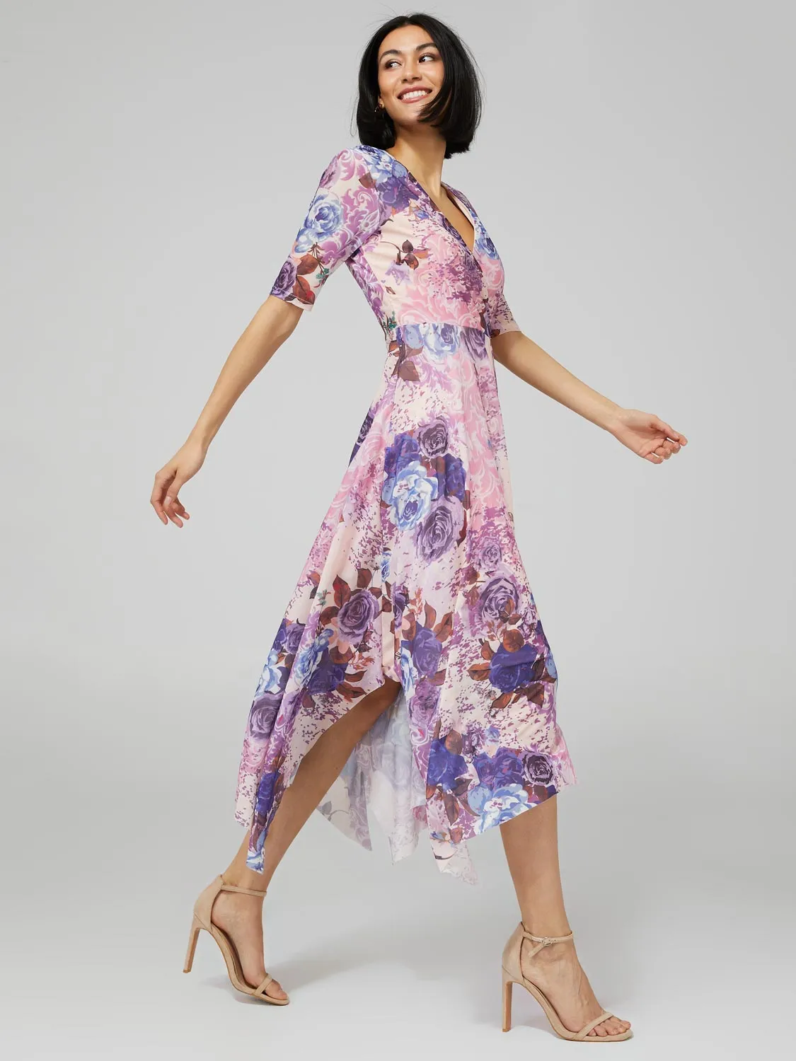 Printed Mesh Midi Dress With Handkerchief Hem sold by Suzy Shier