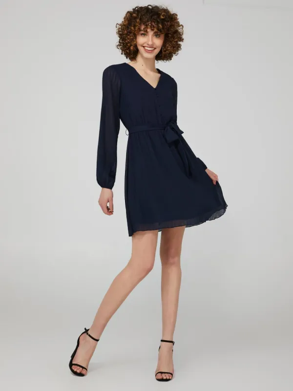 Plisse Long Sleeve V-Neck Fit & Flare Mini Dress sold by Suzy Shier