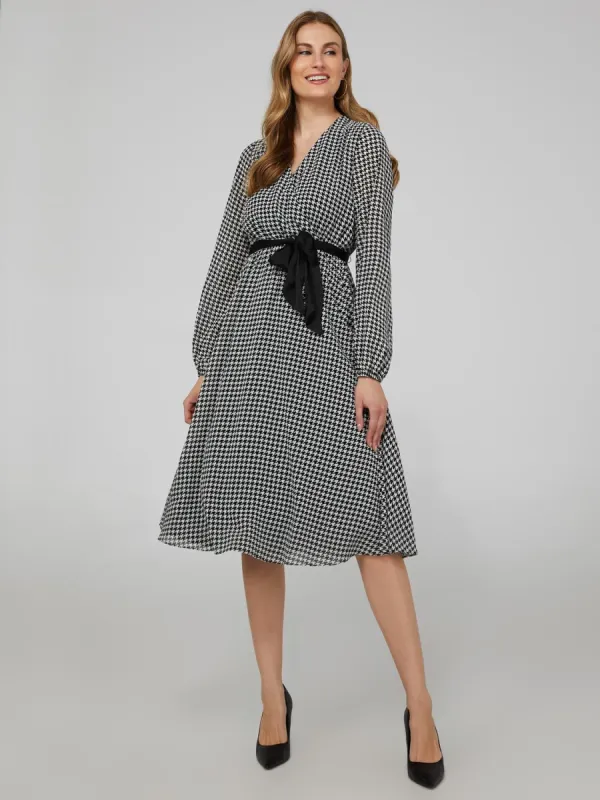 Houndstooth Chiffon Cross-Front Midi Dress sold by Suzy Shier