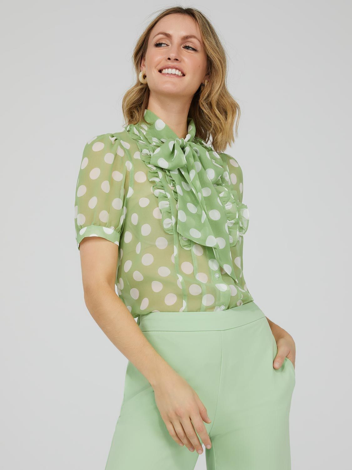 Polka Dot Chiffon Tie Neck Top sold by Suzy Shier