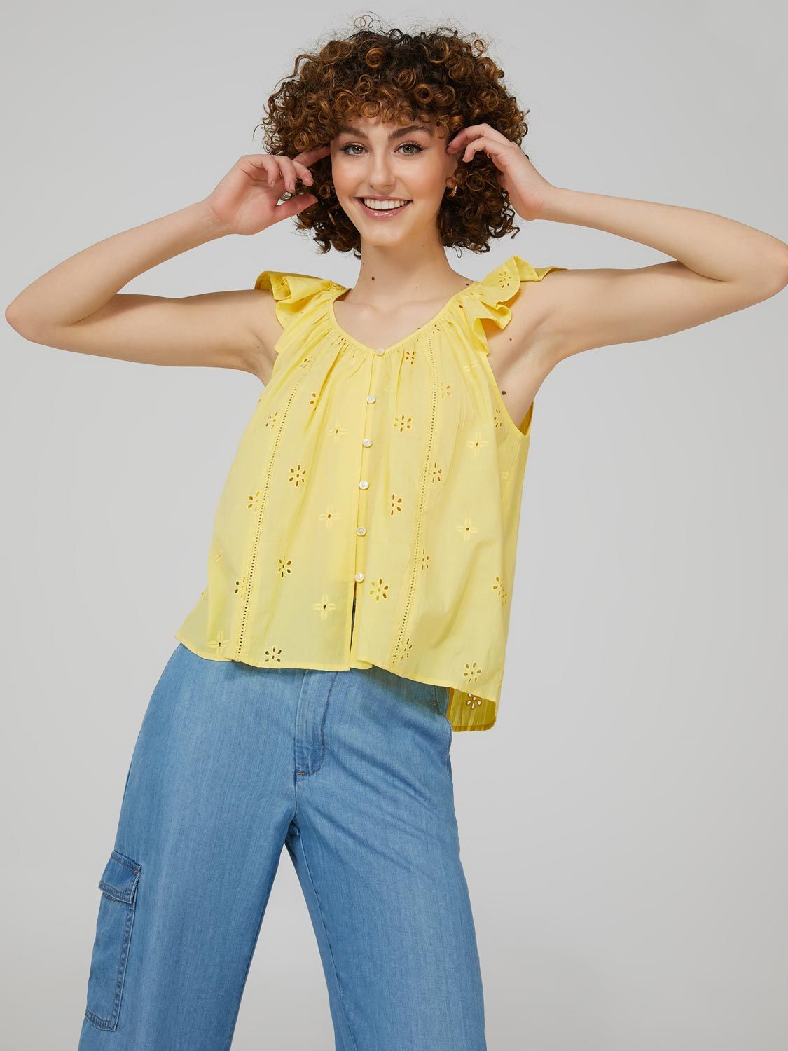 Eyelet Flutter Shoulder Top sold by Suzy Shier