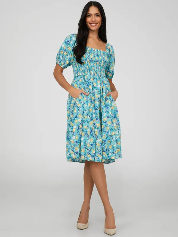 Floral Print Smocked Square Neck Midi Dress sold by Suzy Shier