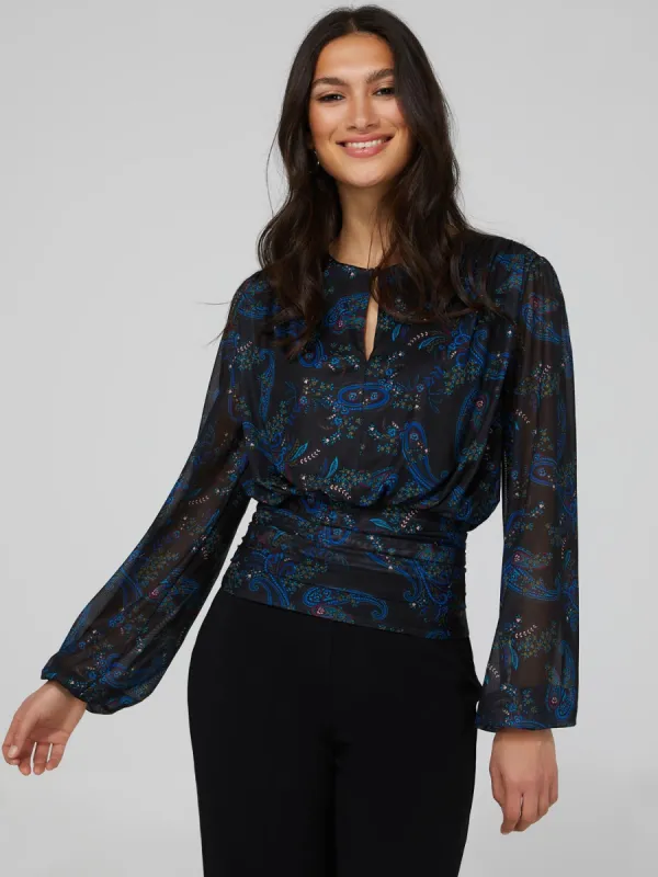 Paisley Print Mesh Top With Pleated Bottom Band sold by Suzy Shier