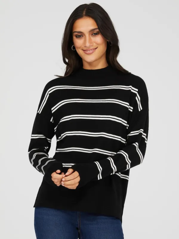 Striped Mock Neck High-Low Sweater sold by Suzy Shier