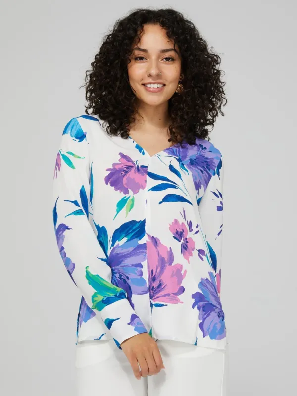 Floral Print V-Neck Blouse With Cuffed Sleeves made by Suzy Shier